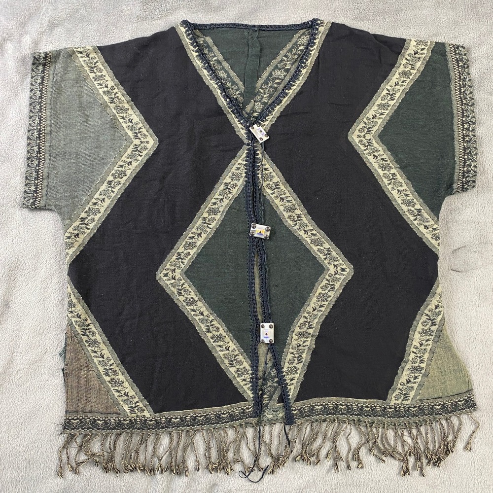 Woven Poncho Top Womens One Size‎ Oaxaca Green Diamond Fringe Boho Unbranded